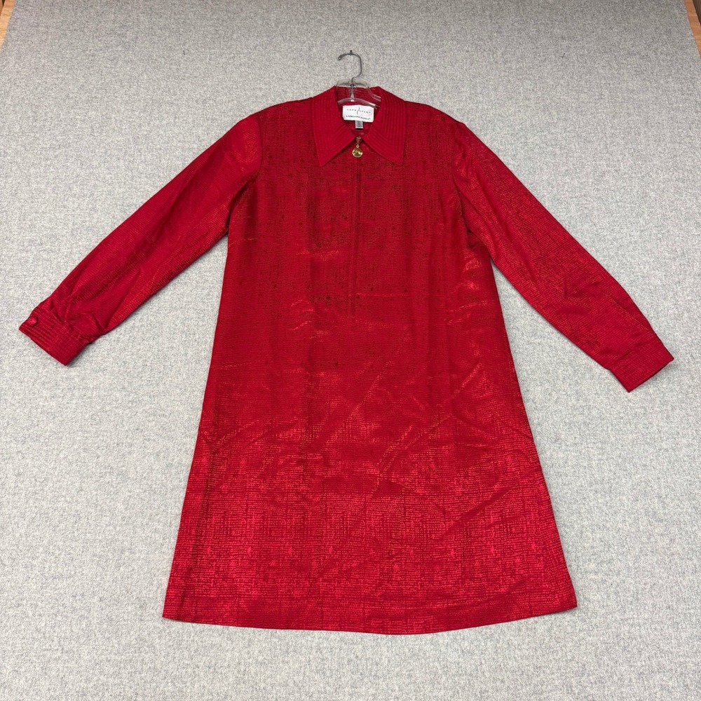 Adrianna Papell Dress 6 Red Silk Wool Blend Zip Front Long Sleeve Textured Shift